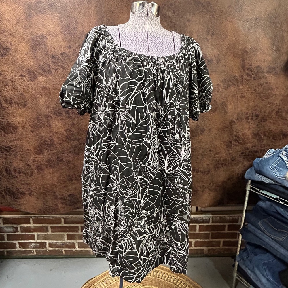 NWT A.N.A. Black white floral‎ 0X womens dress linen cotton blend casual
